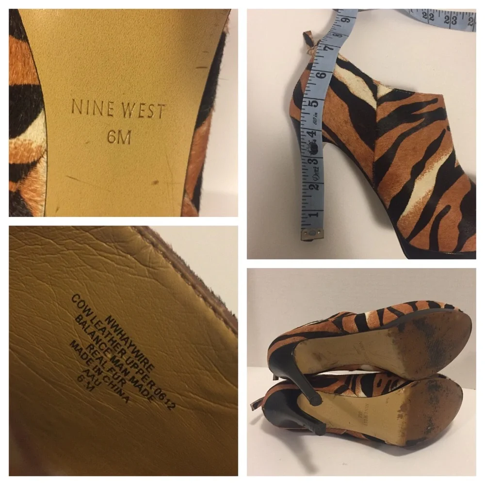 NINE WEST Animal Print Ankle Booties Haywire Tiger Heels Pony Hair Stiletto sz 6